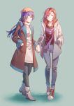  2girls absurdres bangs beret black_legwear blue_background blue_hair boots brown_coat coat denim dress eyebrows_visible_through_hair full_body grey_footwear grey_jacket hair_ribbon hand_holding hand_in_pocket hat highres jacket jeans jewelry long_hair long_sleeves love_live! love_live!_school_idol_project medium_hair multiple_girls nishikino_maki pants pantyhose pendant purple_scarf red_footwear redhead ribbon scarf shoes smile sneakers sonoda_umi standing violet_eyes walluku yellow_eyes 