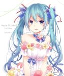  1girl :d bangs bare_shoulders blue_bow blush bow breasts character_name collarbone commentary_request dated dress eyebrows_visible_through_hair flower green_eyes green_hair hair_between_eyes hair_bow hair_ribbon happy_birthday hatsune_miku kuroi_(liar-player) long_hair looking_at_viewer multicolored multicolored_eyes open_mouth pink_flower pink_rose red_flower red_ribbon red_rose ribbon rose sidelocks simple_background small_breasts smile solo strapless strapless_dress twintails twitter_username very_long_hair violet_eyes vocaloid white_background white_dress white_flower yellow_flower 