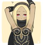  1girl 3: ? arm_warmers arms_up bangs black_hairband black_scarf blonde_hair breasts cleavage closed_mouth dark_skin gravity_daze hairband kitten_(gravity_daze) lewis long_hair parted_bangs paw_print red_eyes scarf small_breasts solo upper_body 