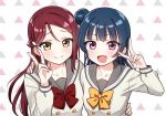  2girls :d arm_around_waist bangs blue_hair bow bowtie collarbone deadnooodles double-breasted eyebrows_visible_through_hair fang hair_ornament hairclip hand_on_another&#039;s_shoulder long_hair long_sleeves looking_at_viewer love_live! love_live!_sunshine!! multiple_girls open_mouth patterned_background red_neckwear redhead sakurauchi_riko school_uniform serafuku smile tsushima_yoshiko upper_body uranohoshi_school_uniform v violet_eyes yellow_eyes yellow_neckwear 