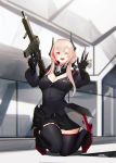  1girl :d albino android assault_rifle balaclava fangs girls_frontline gun hayabusa highres kneeling looking_at_viewer m4_sopmod_ii_(girls_frontline) miniskirt one_eye_closed open_mouth pale_skin pink_hair pleated_skirt red_eyes rifle skirt smile solo sopmod thigh-highs weapon zettai_ryouiki 