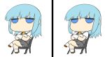  1girl aqua_hair bangs big_head blew_andwhite blue_eyes brown_footwear chair character_request chibi commentary_request crossed_arms expressionless flat_color full_body gloves graphite_(medium) grey_skirt half-closed_eyes jitome kantai_collection legs_crossed looking_at_viewer miniskirt no_mouth no_nose no_pupils pleated_skirt recurring_image short_sleeves simple_background sitting sketch skirt traditional_media white_background white_gloves white_legwear 