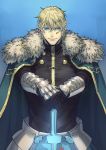  1boy armor blonde_hair blood blue_background blue_eyes cape fate/grand_order fate_(series) fur_trim gawain_(fate/extra) gawain_(fate/grand_order) gloves holding holding_weapon looking_at_viewer male_focus smile sword upper_body weapon yukiyago 