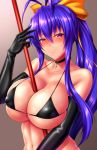  1girl bangs bare_shoulders between_breasts black_bikini_top black_choker black_gloves blazblue blue_hair blush bow breasts choker closed_mouth collarbone elbow_gloves erect_nipples furrowed_eyebrows genderswap genderswap_(mtf) gloves hair_between_eyes hair_bow halter_top halterneck huge_breasts long_hair mai_natsume micro_bikini_top pink_eyes polearm ponytail shiboru smile solo upper_body very_long_hair weapon yellow_bow 