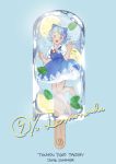  1girl 2018 :o bare_legs barefoot blue_background blue_bow blue_dress blue_eyes blush bow cirno copyright_name dress food fruit full_body hair_bow hands_up highres ice_cream lemon looking_at_viewer mint neck_ribbon null_cell open_mouth outstretched_hand red_ribbon ribbon short_hair short_sleeves solo summer tagme touhou trapped wings 