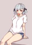 1girl absurdres breasts collarbone commentary eating eyebrows_visible_through_hair food fruit girls_frontline gym_shirt gym_shorts gym_uniform hair_ribbon highres looking_at_viewer miramu_(ramu450471) red_eyes ribbon shirt short_twintails shorts simple_background sitting spas-12_(girls_frontline) twintails watermelon white_hair 