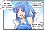  1girl bare_shoulders blue_eyes blue_hair blush collarbone comic elbow_gloves english excited eyebrows_visible_through_hair gloves hair_ornament highres index_finger_raised internet_explorer long_hair one_eye_closed open_mouth original osiimi personification smile solo speech_bubble upper_body 