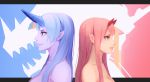  2girls back-to-back bangs blue_eyes blue_hair blue_horns breasts closed_mouth darling_in_the_franxx dragon_girl dragon_horns elatius_the_anchorwielder fang green_eyes highres horns large_breasts lips long_hair medium_breasts multiple_girls nude oni_horns original pink_hair red_horns smile straight_hair upper_body virgosdf zero_two_(darling_in_the_franxx) 