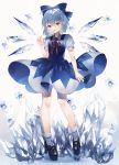  1girl :o abandon_ranka absurdres blue_eyes blue_hair bow cirno dress flower food hair_bow high_heels highres ice ice_wings open_mouth popsicle ribbon touhou white_legwear wings 