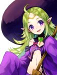  1girl bow broom circlet fire_emblem fire_emblem:_kakusei fire_emblem_heroes green_hair halloween_costume hat heart holding holding_broom jurge long_hair long_sleeves mamkute midriff navel nowi_(fire_emblem) open_mouth pink_bow pointy_ears simple_background sleeves_past_fingers sleeves_past_wrists solo violet_eyes white_background witch_hat 