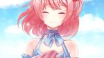  1girl ^_^ bare_shoulders blue_gloves blue_sky closed_eyes closed_eyes clouds doki_doki_literature_club eyebrows_visible_through_hair facing_viewer game_cg gloves medium_hair peachcake pink_hair sayori_(doki_doki_literature_club) sky smile solo 