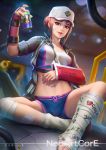  1girl animal_print arm_guards arm_sling arm_up artist_name bandage bandaged_leg bandages bandaid bandaid_on_face bandaid_on_leg bangs baseball_cap blue_shorts blurry blurry_background boyshorts breasts brown_eyes brown_hair bunny_print can crop_top d.va_(overwatch) depth_of_field elbow_gloves fingerless_gloves gloves hair_bun hat heart holding jacket knee_pads korean leg_warmers looking_at_viewer mecha medium_breasts midriff navel navel_piercing nudtawut_thongmai open_clothes open_jacket overwatch parted_lips patreon_logo piercing pink_gloves pink_lips short_sleeves shorts sidelocks single_glove sitting smile soda_can solo spread_legs toes translation_request unzipping white_hat 