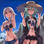  2girls adapted_costume bangs bikini black_bikini black_ribbon black_robe blue_eyes blue_sarong blue_sky braid breasts clouds day floral_print frilled_bikini_bottom front-tie_top green_eyes green_hair hair_between_eyes hair_ornament hair_ribbon hair_tie hairclip hat kantai_collection long_hair looking_at_viewer medium_breasts mole mole_under_eye multiple_girls outdoors parted_bangs ponytail ribbon robe rock sarong sidelocks silver_hair single_braid sky standing straw_hat sugue_tettou sun_hat swimsuit umikaze_(kantai_collection) very_long_hair yamakaze_(kantai_collection) 