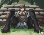  1girl animal_hat ankle_boots black_hair blush boots breasts brown_eyes camouflage cat_hat forest from_below greaves gun hat kai_schren knee_pads large_breasts long_hair looking_at_viewer military military_uniform nature nose_blush rifle sandbag senjou_no_valkyria senjou_no_valkyria_4 sitting sniper_rifle solo spread_legs trigger_discipline twobey uniform weapon 