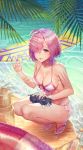  1girl :d ahoge animal beach bikini bikini_skirt cat cat_on_lap fate/grand_order fate_(series) hair_over_one_eye highres looking_at_viewer mash_kyrielight nail_polish open_mouth pink_hair pink_nails see-through short_hair smile solo swimsuit v violet_eyes water white_bikini 