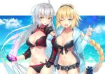  2girls ;d ahoge anger_vein bikini black_bikini black_choker black_gloves black_jacket blonde_hair blue_eyes blue_jacket blue_scrunchie blue_sky braid breasts brown_eyes choker cleavage clouds collarbone commentary_request day fate/grand_order fate_(series) fingernails front-tie_bikini front-tie_top gloves hair_ornament hair_scrunchie hands_up hood hood_down hooded_jacket horizon jacket jeanne_d&#039;arc_(alter_swimsuit_berserker) jeanne_d&#039;arc_(fate)_(all) jeanne_d&#039;arc_(swimsuit_archer) kagachi_saku large_breasts locked_arms long_hair long_sleeves multiple_girls o-ring o-ring_bikini o-ring_bottom o-ring_top ocean one_eye_closed open_clothes open_jacket open_mouth parted_lips scrunchie silver_hair single_braid sky sleeves_past_wrists smile swimsuit v v-shaped_eyebrows very_long_hair water 