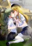  2girls anchovy anzio_school_uniform bangs beret black_bra black_footwear black_hat black_neckwear black_ribbon black_skirt blonde_hair blurry blurry_background bra breasts carpaccio carro_armato_p40 carro_veloce_cv-33 closed_eyes depth_of_field dress_shirt drill_hair emblem eyebrows_visible_through_hair from_side full_body girls_und_panzer grass green_eyes green_hair ground_vehicle hair_ribbon half-closed_eyes hands_together hat interlocked_fingers kiss kneeling konishi_hiroshi loafers long_hair long_sleeves medium_breasts military military_vehicle miniskirt motor_vehicle multiple_girls no_neckwear open_clothes open_shirt pantyhose pink_bra pleated_skirt ribbon school_uniform semovente_75/18 shirt shoes sitting skirt tank twin_drills twintails unbuttoning underwear white_legwear white_shirt yuri 