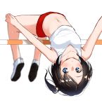  1girl bangs black_hair blue_eyes blurry blurry_background blush buruma collarbone commentary_request depth_of_field eyebrows_visible_through_hair high_jump highres jumping looking_at_viewer midriff navel one_side_up original parted_lips red_buruma shoes short_hair simple_background solo suzunari_shizuku tank_top upside-down white_background white_footwear white_tank_top yuki_arare 