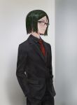  &gt;:( 1boy bespectacled black_hair black_shirt business_suit collared_shirt cowboy_shot fate/grand_order fate/zero fate_(series) formal from_side glasses green_eyes hair_between_eyes hands_in_pockets highres indoors looking_at_viewer lord_el-melloi_ii male_focus necktie red_neckwear semi-rimless_eyewear shirt short_hair solo soonbu striped_neckwear suit waver_velvet white_background 