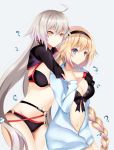  2girls ahoge bikini black_bikini black_gloves black_hairband blonde_hair blue_eyes blue_jacket braid breasts cleavage eyebrows_visible_through_hair fate/grand_order fate_(series) floating_hair gloves groin hair_between_eyes hairband hug hug_from_behind jacket jeanne_d&#039;arc_(alter_swimsuit_berserker) jeanne_d&#039;arc_(fate)_(all) jeanne_d&#039;arc_(swimsuit_archer) long_hair medium_breasts multiple_girls navel open_clothes open_jacket print_bikini silver_hair simple_background single_braid standing swimsuit very_long_hair white_background yellow_eyes 