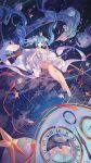  1girl absurdly_long_hair aqua_hair atdan bangs bare_legs bare_shoulders barefoot blue_hair blush bow breasts cleavage constellation crown diamond dress flower flying gears gem hair_between_eyes hair_bow hair_flower hair_ornament hair_ribbon hatsune_miku highres jewelry long_hair looking_at_viewer midair mini_crown navel open_mouth outstretched_arm outstretched_hand planet ribbon roman_numerals rose signature sky smile solo star star_(sky) starry_sky twintails very_long_hair vocaloid watch white_dress white_flower white_rose 