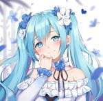  1girl :3 alternate_costume bangs bare_shoulders blue_dress blue_eyes blue_flower blue_hair blush choker closed_mouth collarbone dress flower frilled_sleeves frills hair_between_eyes hair_flower hair_ornament hand_on_own_face hand_up hatsune_miku head_tilt heart long_hair long_sleeves looking_at_viewer mamemena motion_blur off-shoulder_dress off_shoulder petals shiny shiny_hair sidelocks smile solo twintails upper_body vocaloid white_background white_choker white_flower 