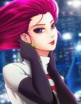  1girl artist_name blue_background blue_eyes blurry blurry_background breasts creatures_(company) earrings elbow_gloves esther game_freak gloves hair_slicked_back hands_up jewelry long_hair musashi_(pokemon) nintendo outdoors parted_lips pokemon pokemon_(anime) redhead team_rocket upper_body 