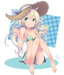  1girl :q ahoge aqua_bikini aqua_eyes bangs barefoot bikini bikini_skirt blonde_hair blush breasts cleavage collarbone food hat hat_ribbon highres holding holding_spoon kiwi_slice knees_up kuro_(kuroneko_no_kanzume) long_hair original plaid pudding ribbon sitting small_breasts solo spoon straw_hat swimsuit textless tongue tongue_out twintails 