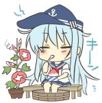  1girl anchor_symbol basin bench blue_sailor_collar blue_skirt brain_freeze chibi closed_eyes commentary_request flat_cap flower flower_request full_body hat hibiki_(kantai_collection) highres hizuki_yayoi kantai_collection long_hair neckerchief pleated_skirt red_flower red_neckwear sailor_collar shaved_ice silver_hair simple_background sitting skirt solo spoon white_background 