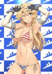  1girl abs absurdres american_flag_bikini armpits bikini blonde_hair blue_background blue_eyes breasts checkered checkered_background closed_mouth collarbone elbow_gloves flag_print gloves highres iowa_(kantai_collection) kantai_collection large_breasts long_hair looking_at_viewer navel one_eye_closed revision side-tie_bikini skindentation smile solo soushou_nin star star-shaped_pupils swimsuit symbol-shaped_pupils tongue tongue_out two-tone_background upper_body v white_background 