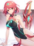  1girl arm_support ass_visible_through_thighs bangs bare_arms bare_shoulders blush breasts closed_mouth commentary commentary_request covered_navel covered_nipples earrings hand_up highleg highleg_swimsuit highres jewelry large_breasts leaning_to_the_side light_smile looking_at_viewer nintendo one-piece_swimsuit pyra_(xenoblade) red_eyes redhead ririko_(zhuoyandesailaer) short_hair sidelocks solo swept_bangs swimsuit sword thigh_gap tiara weapon xenoblade_(series) xenoblade_2 
