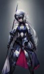  1girl absurdres armor armored_boots armored_dress black_gloves black_legwear blood blood_on_face boots breasts chains collarbone elbow_gloves fate/grand_order fate_(series) floating_hair fur_trim gloves grey_background headpiece highres holding holding_sword holding_weapon jeanne_d&#039;arc_(alter)_(fate) jeanne_d&#039;arc_(fate)_(all) long_hair medium_breasts navel navel_cutout petals shaded_face silver_hair simple_background solo standing sword thigh-highs torii_vita_asayoru very_long_hair weapon white_skin 