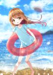  1girl :d bangs bare_legs barefoot blue_shirt blue_sky blurry blurry_background blush brown_eyes brown_hair character_name clothes_writing clouds cloudy_sky commentary_request day depth_of_field eyebrows_visible_through_hair flat_cap grey_hat hat hataraku_saibou highres holding holding_innertube innertube long_hair ocean open_mouth outdoors platelet_(hataraku_saibou) red_innertube sawa_(sawasaku) shirt short_sleeves sky smile solo standing transparent upper_teeth very_long_hair water 