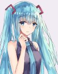  1girl akaya_(pixiv20545353) bangs bare_shoulders black_shirt blue_eyes blue_hair blue_neckwear blush breasts collared_shirt commentary_request eyebrows_visible_through_hair grey_background hair_between_eyes hair_ornament hatsune_miku highres long_hair medium_breasts necktie parted_lips shirt sidelocks simple_background sleeveless sleeveless_shirt smile solo twintails very_long_hair vocaloid 