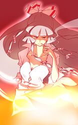  1girl aura bow breasts cigarette cleavage collarbone collared_shirt cowboy_shot fujiwara_no_mokou glaring hair_bow hair_ribbon highres long_hair looking_at_viewer medium_breasts non_(z-art) red_eyes ribbon shirt short_sleeves silver_hair smoking solo touhou tress_ribbon white_shirt 