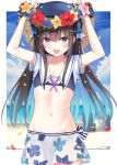  1girl arms_up bangs beach black_hair blue_eyes blue_sky blush clouds cloudy_sky cowboy_shot day eyebrows_visible_through_hair flat_chest floral_print flower_wreath hat highres hips long_hair looking_at_viewer nanananana navel ocean open_mouth original outdoors sailor_collar short_sleeves skirt sky smile solo swimsuit white_skirt 