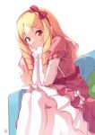  1girl azumi_akitake blonde_hair bow brown_eyes closed_mouth couch dress drill_hair eromanga_sensei eyebrows_visible_through_hair feet_out_of_frame from_below hair_bow hands_on_own_face layered_dress long_sleeves looking_at_viewer pink_bow pink_dress pointy_ears red_bow ringlets simple_background sitting solo twin_drills white_background yamada_elf 