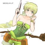  1girl bare_shoulders blush_stickers bracelet breasts commentary_request corset eyebrows_visible_through_hair green_eyes green_hair hosshi_(nariagari) jewelry knife long_hair lowres multi-tied_hair ponytail pouch ribbon saga saga_frontier_2 shorts solo staff very_long_hair virginia_knights weapon 