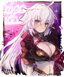  1girl ahoge bangs bikini black_bikini black_choker black_gloves black_jacket blush breasts brown_eyes choker cleavage commentary_request cropped_jacket eyebrows_visible_through_hair fate/grand_order fate_(series) gloves hair_between_eyes haku_(sabosoda) head_tilt jacket jeanne_d&#039;arc_(alter_swimsuit_berserker) jeanne_d&#039;arc_(fate)_(all) large_breasts long_hair looking_at_viewer navel o-ring o-ring_bikini o-ring_top parted_lips playing_with_own_hair silver_hair solo sparkle swimsuit upper_body very_long_hair 