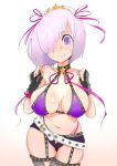  1girl bb_(fate)_(all) bb_(swimsuit_mooncancer)_(fate) bb_(swimsuit_mooncancer)_(fate)_(cosplay) belt bikini blush breasts cosplay fate/extra fate/extra_ccc fate/grand_order fate_(series) fingerless_gloves gloves hair_ornament hair_over_one_eye highres kisaki_(strange_s_k) large_breasts lavender_hair loose_belt mash_kyrielight matou_sakura matou_sakura_(cosplay) micro_shorts midriff purple_bikini purple_ribbon ribbon short_hair shorts solo star star_hair_ornament sweatdrop swimsuit violet_eyes 