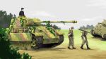  3boys caterpillar_tracks day grass ground_vehicle gun highres m4_sherman machine_gun mg42 military military_vehicle motor_vehicle multiple_boys panzerkampfwagen_panther real_life saigawa sky tank tree weapon wehrmacht world_war_ii 