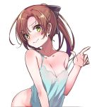  1girl akigumo_(kantai_collection) bent_over bottomless breasts brown_hair camisole cleavage collarbone green_eyes hair_ribbon kantai_collection konnyaku_(kk-monmon) long_hair medium_breasts ponytail ribbon simple_background solo white_background 