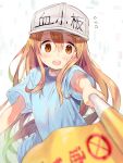  1girl bangs blue_shirt blurry blurry_foreground blush brown_eyes character_name clothes_writing commentary_request depth_of_field eyebrows_visible_through_hair fingernails flag flat_cap flying_sweatdrops grey_hat hair_between_eyes hat hataraku_saibou headwear_writing holding holding_flag kibii_mocha light_brown_hair long_hair looking_at_viewer open_mouth outstretched_arm platelet_(hataraku_saibou) shirt short_sleeves solo upper_teeth very_long_hair 