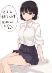  1girl absurdres bare_legs black_hair black_skirt breast_pocket collared_shirt commentary_request highres looking_at_viewer original parted_lips pleated_skirt pocket rucchiifu shirt short_hair simple_background sitting skirt sleeves_rolled_up solo translated violet_eyes white_background wing_collar 