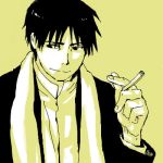  1boy black_coat black_eyes black_hair close-up coat fingernails fullmetal_alchemist holding looking_away lowres male_focus mattsu monochrome paper roy_mustang scarf shaded_face shirt short_hair simple_background smile upper_body white_shirt yellow_background 