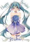  1girl aqua_hair blue_eyes bouquet character_name choker dress flower hair_between_eyes hatsune_miku highres long_hair open_mouth solo strapless strapless_dress swo1121 twintails very_long_hair vocaloid white_background white_dress 
