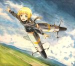  1girl blonde_hair blue_eyes blush clouds cloudy_sky dutch_angle erica_hartmann flying horizon looking_at_viewer marker_(medium) military military_uniform multicolored_hair open_mouth outstretched_arms shiratama_(hockey) short_hair sky smile solo strike_witches striker_unit tail traditional_media uniform world_witches_series 