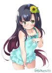  1girl 3: alternate_costume aqua_swimsuit black_hair blue_ribbon blush breasts casual_one-piece_swimsuit covered_navel cropped_legs ebifurya eyebrows_visible_through_hair flower from_above gradient_hair green_eyes hair_flower hair_ornament hand_on_own_chest hat highres kantai_collection layered_skirt long_hair looking_at_viewer matsuwa_(kantai_collection) multicolored_hair one-piece_swimsuit pink_hair purple_hair ribbon sailor_hat small_breasts solo sunflower_hair_ornament swimsuit swimsuit_skirt tears twitter_username white_background 