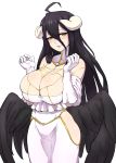  1girl absurdres ahoge albedo banned_artist bare_shoulders black_hair black_wings blush breast_squeeze breasts curvy demon_girl demon_horns demon_wings dress dungbae eyebrows_visible_through_hair feathered_wings gloves hair_between_eyes highres hip_vent hips horns huge_breasts long_hair looking_at_viewer low_wings nose_blush overlord_(maruyama) smile solo very_long_hair white_dress white_gloves wings yellow_eyes 