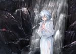  1girl alternate_costume closed_eyes commentary_request feet_out_of_frame hat hat_removed headwear_removed ichiba_youichi inubashiri_momiji japanese_clothes kimono long_sleeves meditation own_hands_together palms_together rock see-through short_hair silver_hair solo standing tokin_hat touhou water waterfall wet wet_clothes wet_kimono white_kimono wide_sleeves 